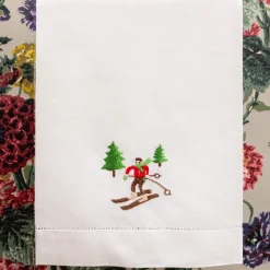 Embroidered Skier White Linen Hand Towel
