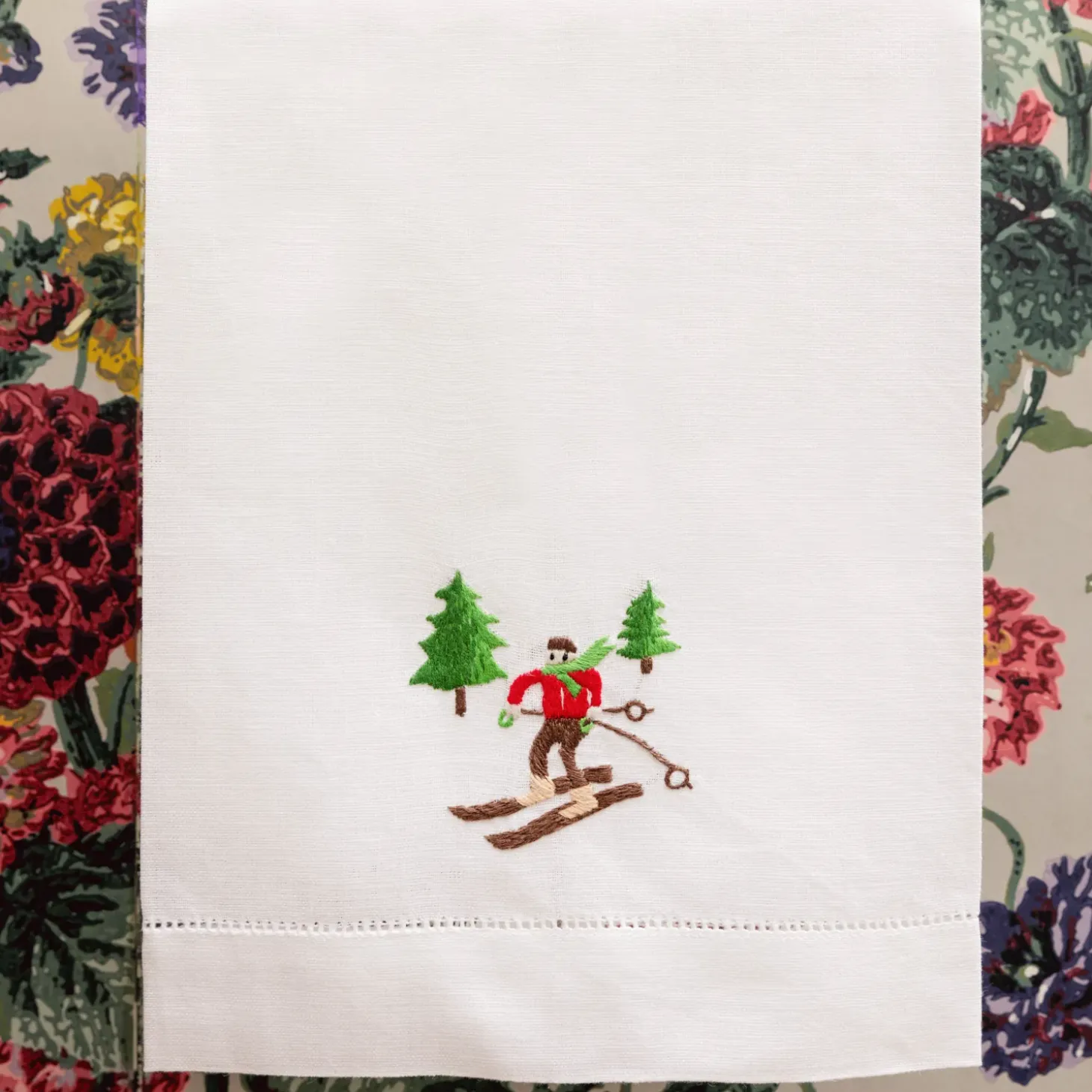 Embroidered Skier White Linen Hand Towel