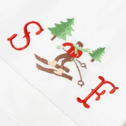 Embroidered Skier White Linen Hand Towel