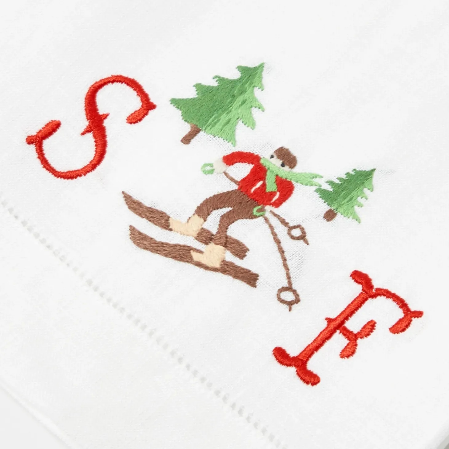 Embroidered Skier White Linen Hand Towel