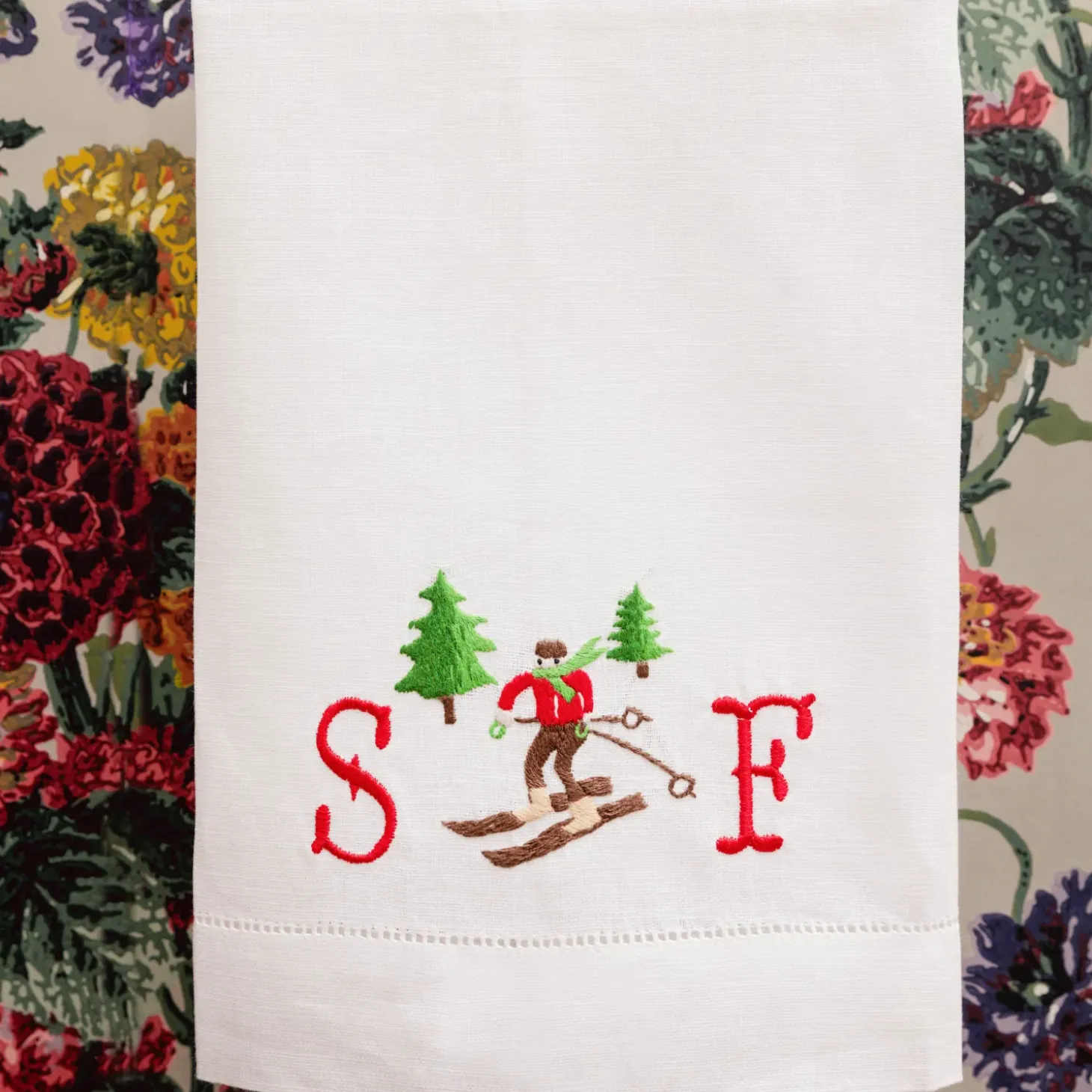 Embroidered Skier White Linen Hand Towel