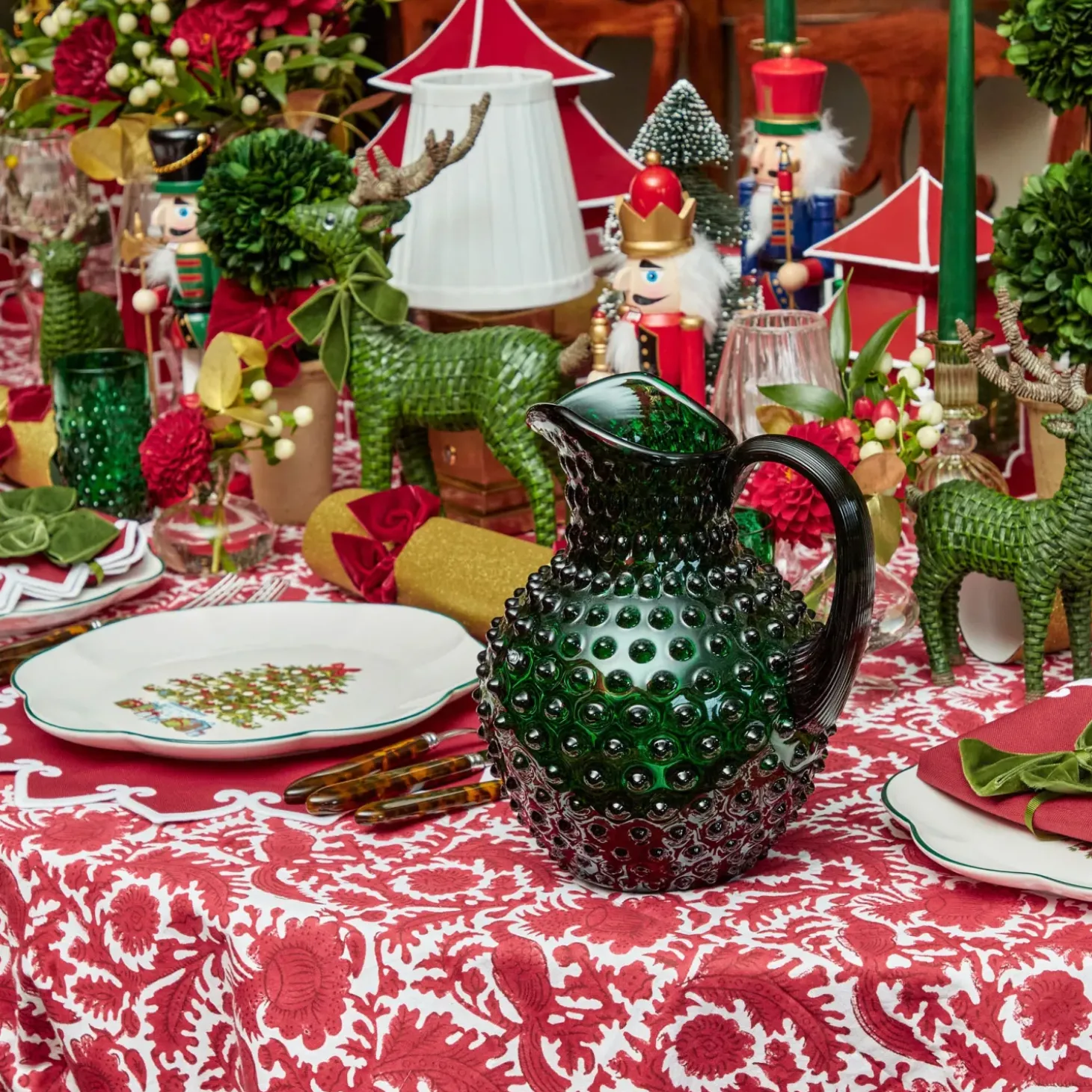 Emerald Green Hobnail Glasses & Jug Set