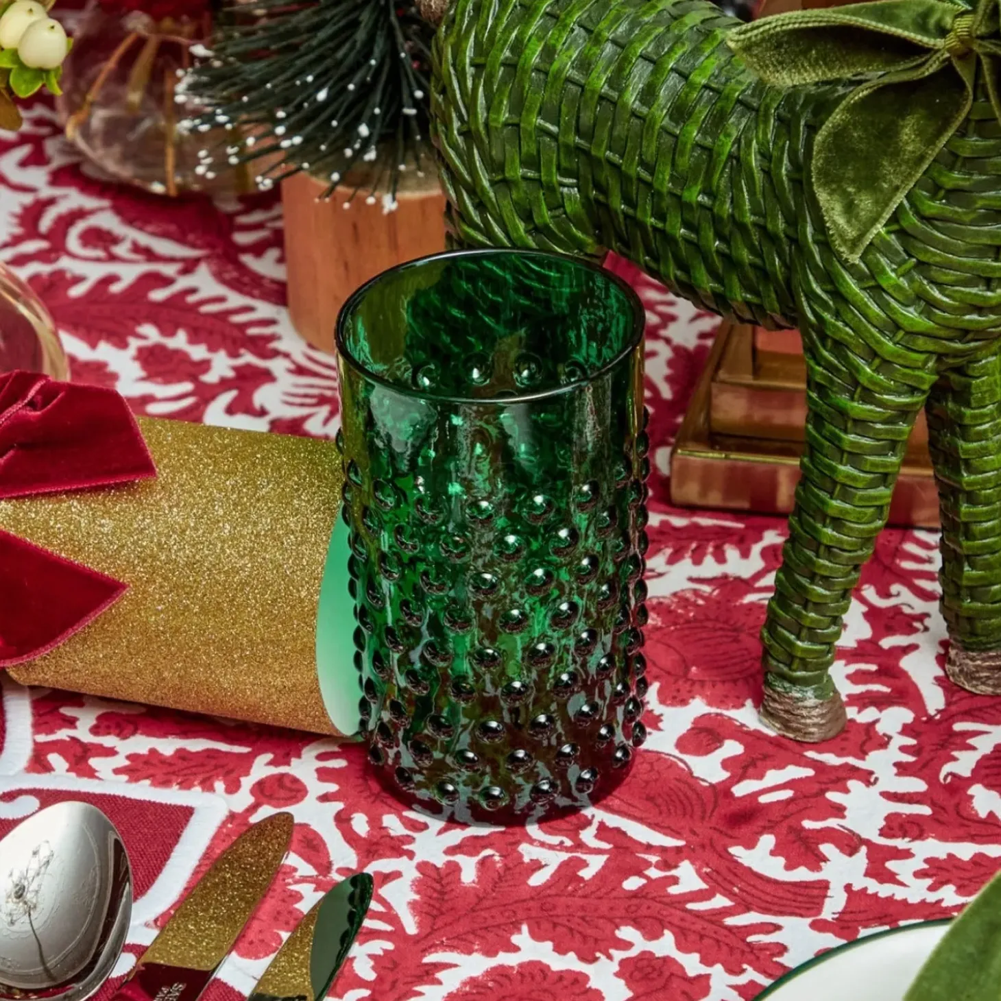Emerald Green Hobnail Glasses (Set of 6)