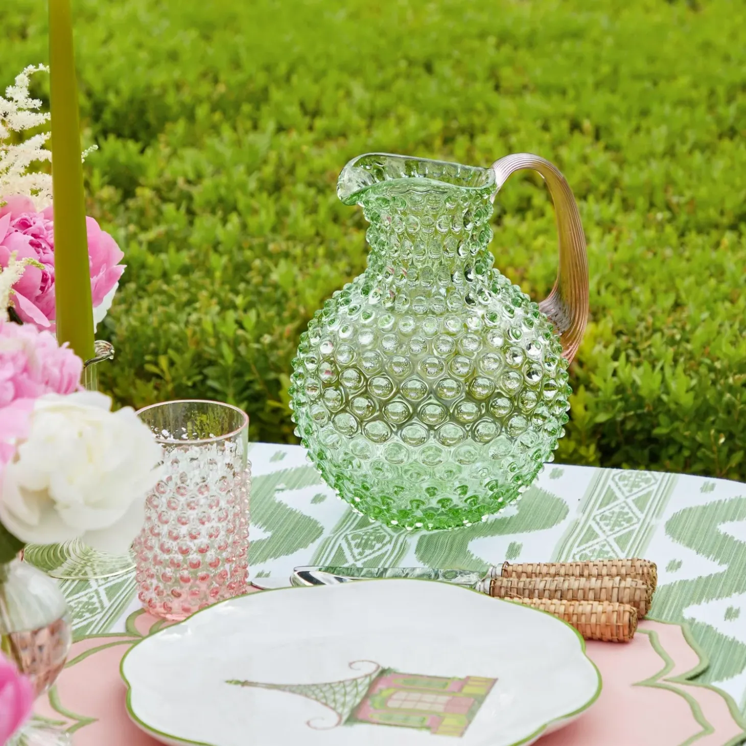 Emerald Hobnail Jug & Rose Handle