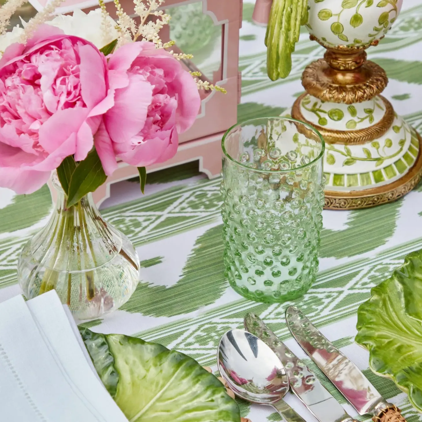 Emerald Hobnail Jug with Rose Handle & Glasses (set of 6)