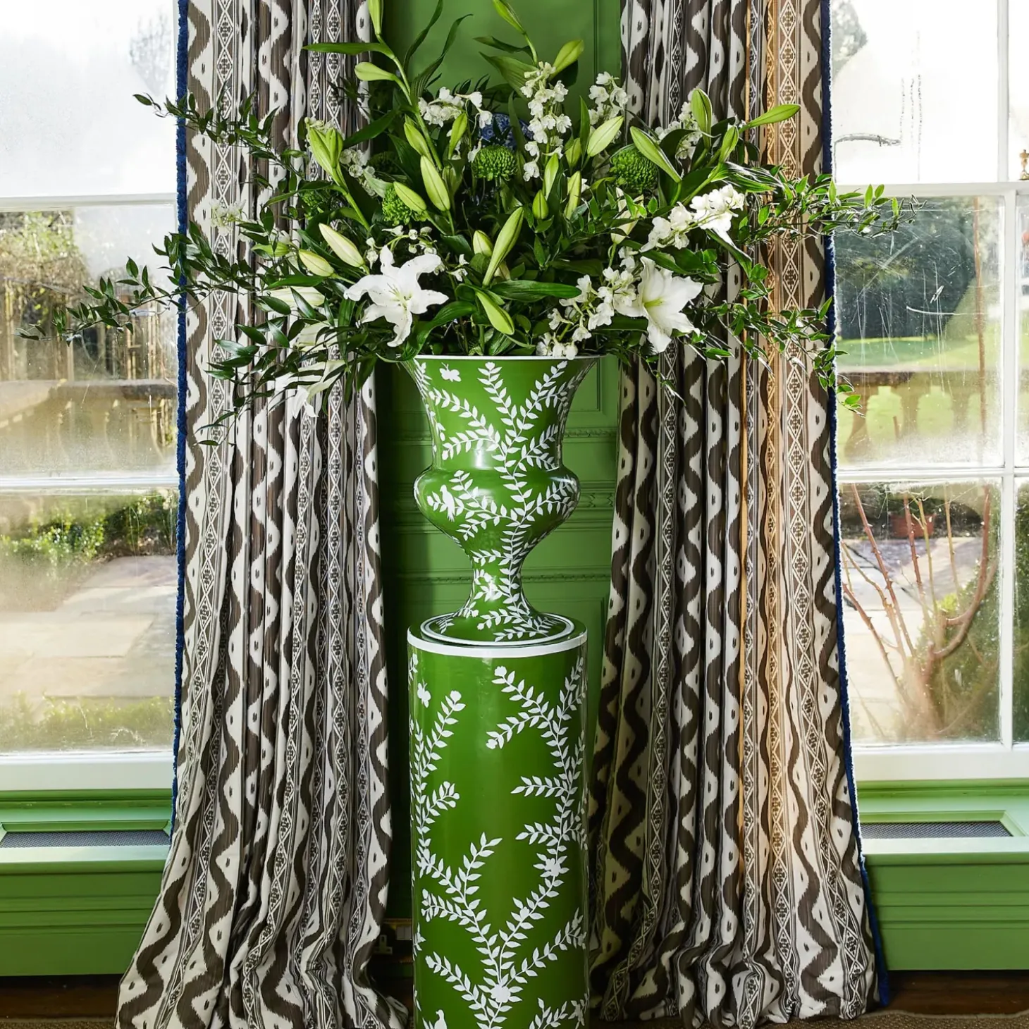 Emmeline Green Floral Urn & Pedestal