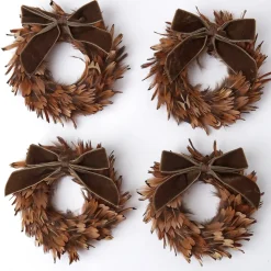 Feather Wreaths with Forest Green Velvet Bows (Set of 4)