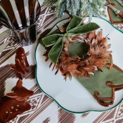 Feather Wreaths with Forest Green Velvet Bows (Set of 4)