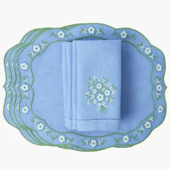 Floral Periwinkle Linen Placemats & Napkins (Set of 4)