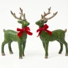 Forest Green Rattan Reindeer with Red Velvet Bows (Pair) - 30cm