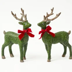 Forest Green Rattan Reindeer with Red Velvet Bows (Pair) - 30cm