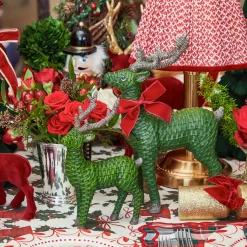 Forest Green Rattan Reindeer with Red Velvet Bows (Pair) - 30cm
