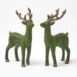Forest Green Rattan Reindeer with Red Velvet Bows (Pair) - 30cm