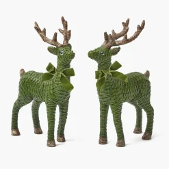 Forest Green Rattan Reindeer with Green Velvet Bows (Pair) - 30cm