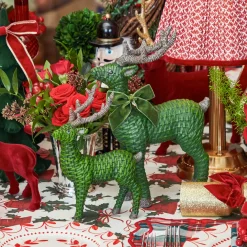 Forest Green Rattan Reindeer with Green Velvet Bows (Pair) - 30cm