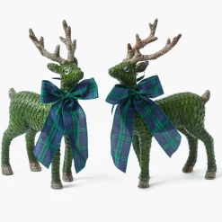 Forest Green Rattan Reindeer with Blue Tartan Bows (Pair) - 30cm