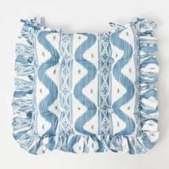 Frilled Blue Ikat Seat Pad Cushions (Set of 4)