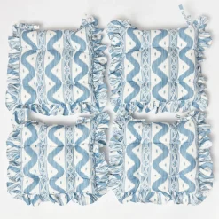 Frilled Blue Ikat Seat Pad Cushions (Set of 4)
