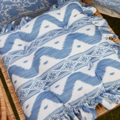 Frilled Blue Ikat Seat Pad Cushion