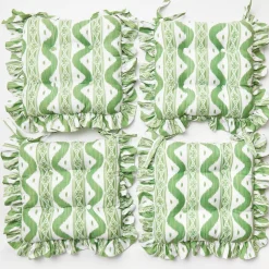 Frilled Green Ikat Seat Pad Cushion (Set of 4)