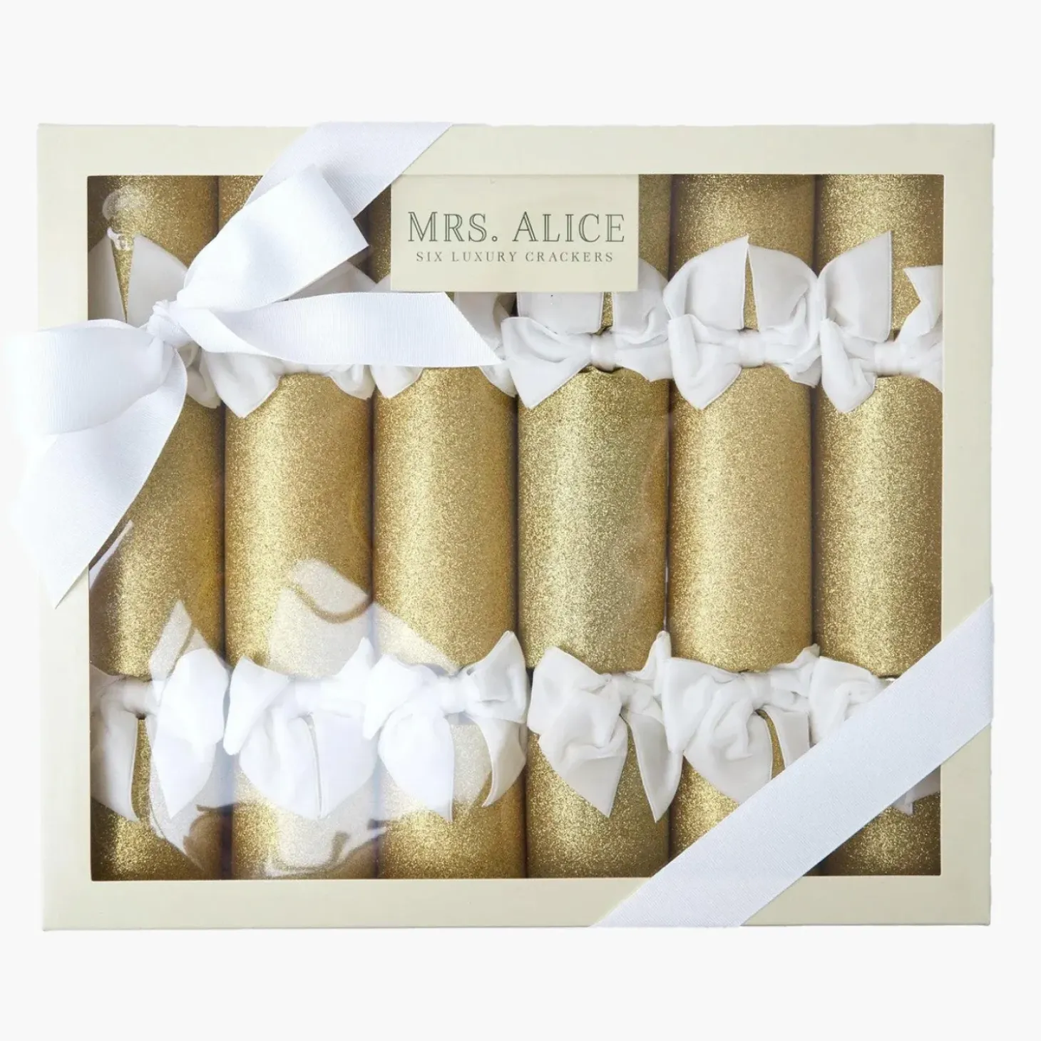Gold Glitter Crackers with White Velvet Bows (Set of 6)