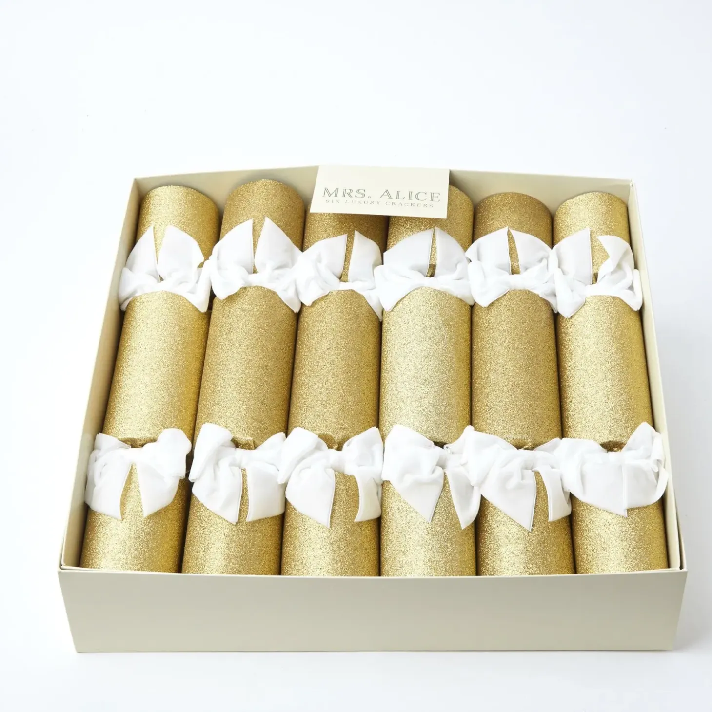 Gold Glitter Crackers with White Velvet Bows (Set of 6)