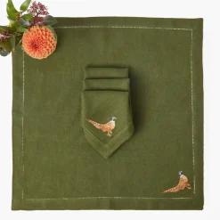 Green Embroidered Pheasant Linen Napkins (Set of 4)