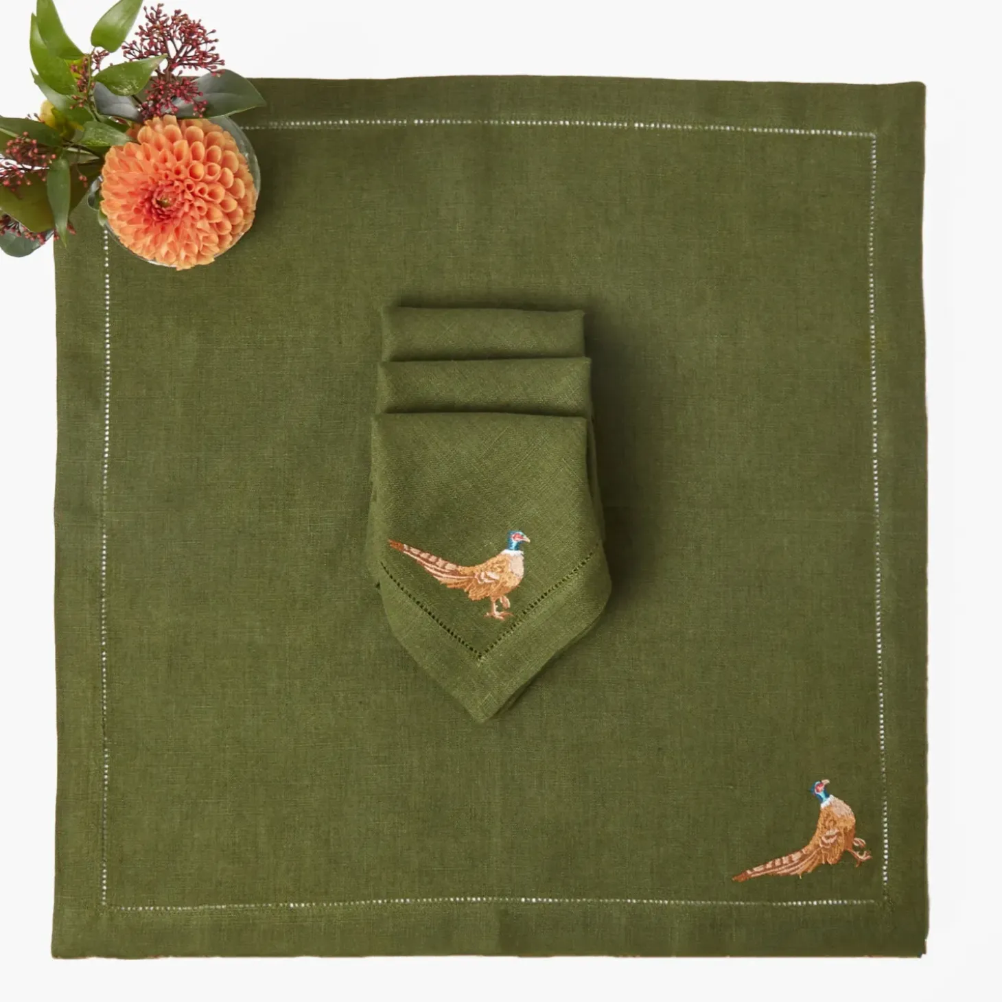 Green Embroidered Pheasant Linen Napkins (Set of 4)