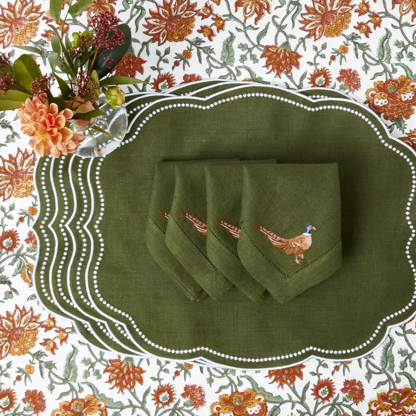 Green Embroidered Pheasant Linen Napkins (Set of 4)