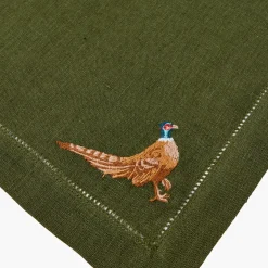 Green Embroidered Pheasant Linen Napkins (Set of 4)