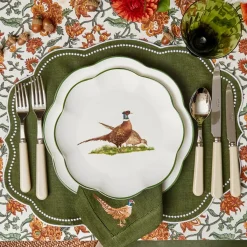 Green Embroidered Pheasant Linen Napkins (Set of 4)