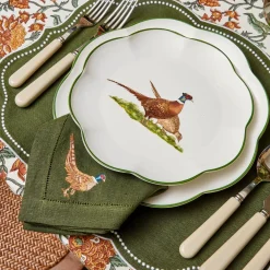 Green Embroidered Pheasant Linen Napkins (Set of 4)