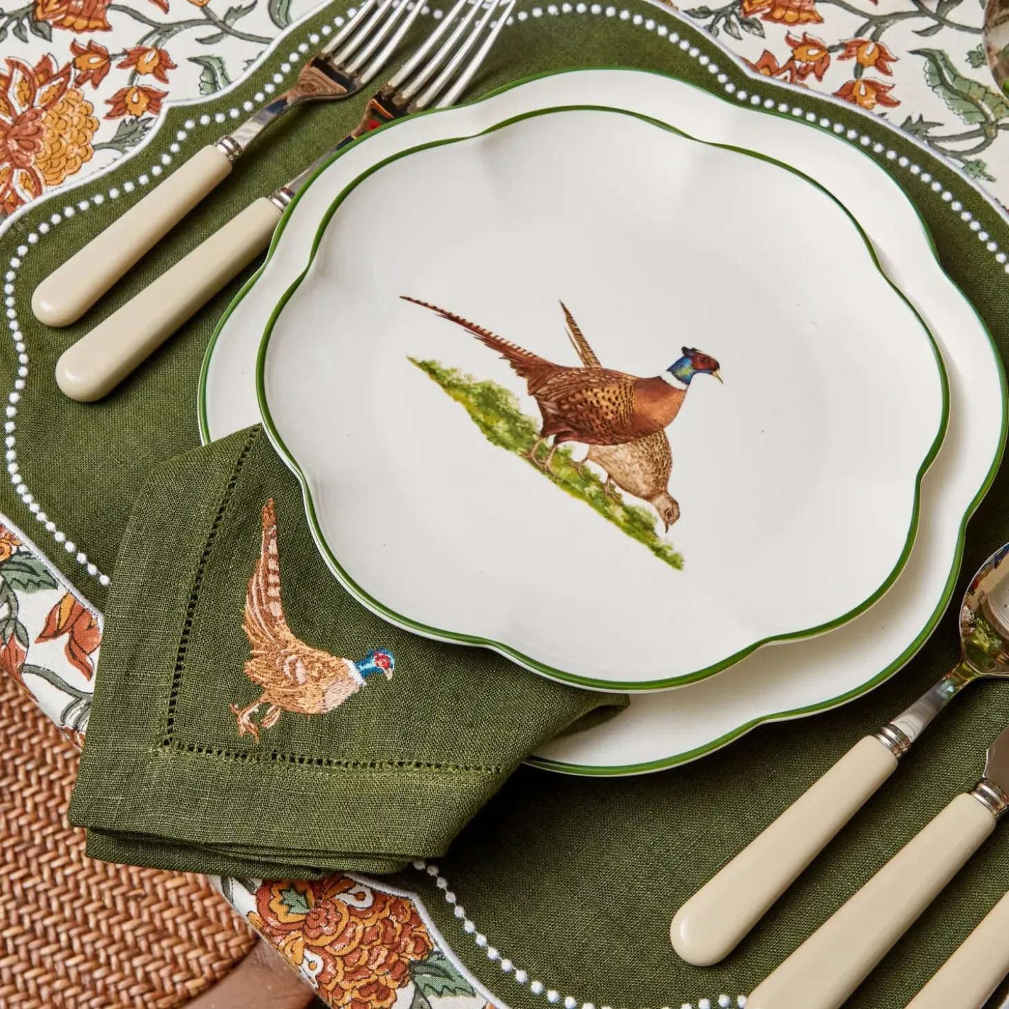 Green Embroidered Pheasant Linen Napkins (Set of 4)