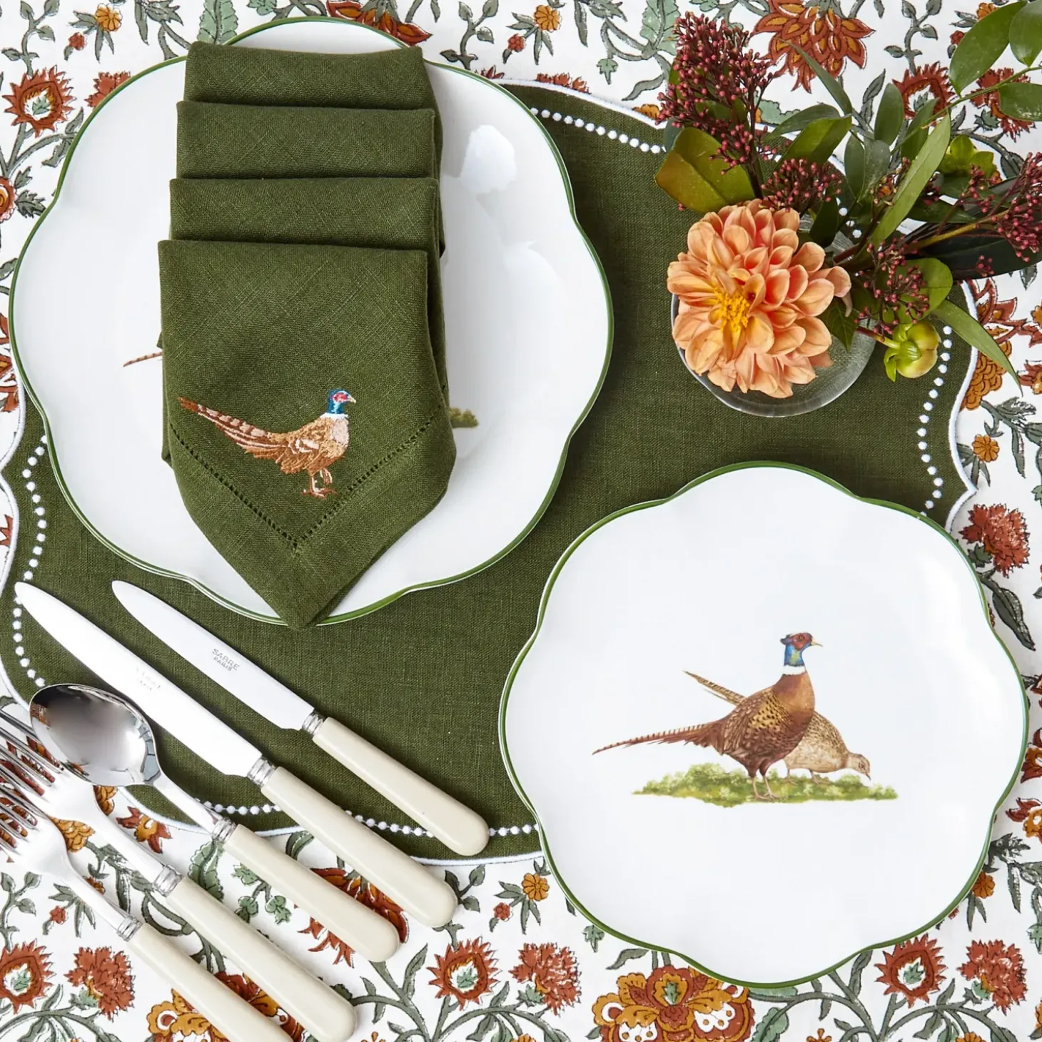 Green Embroidered Pheasant Linen Napkins (Set of 4)