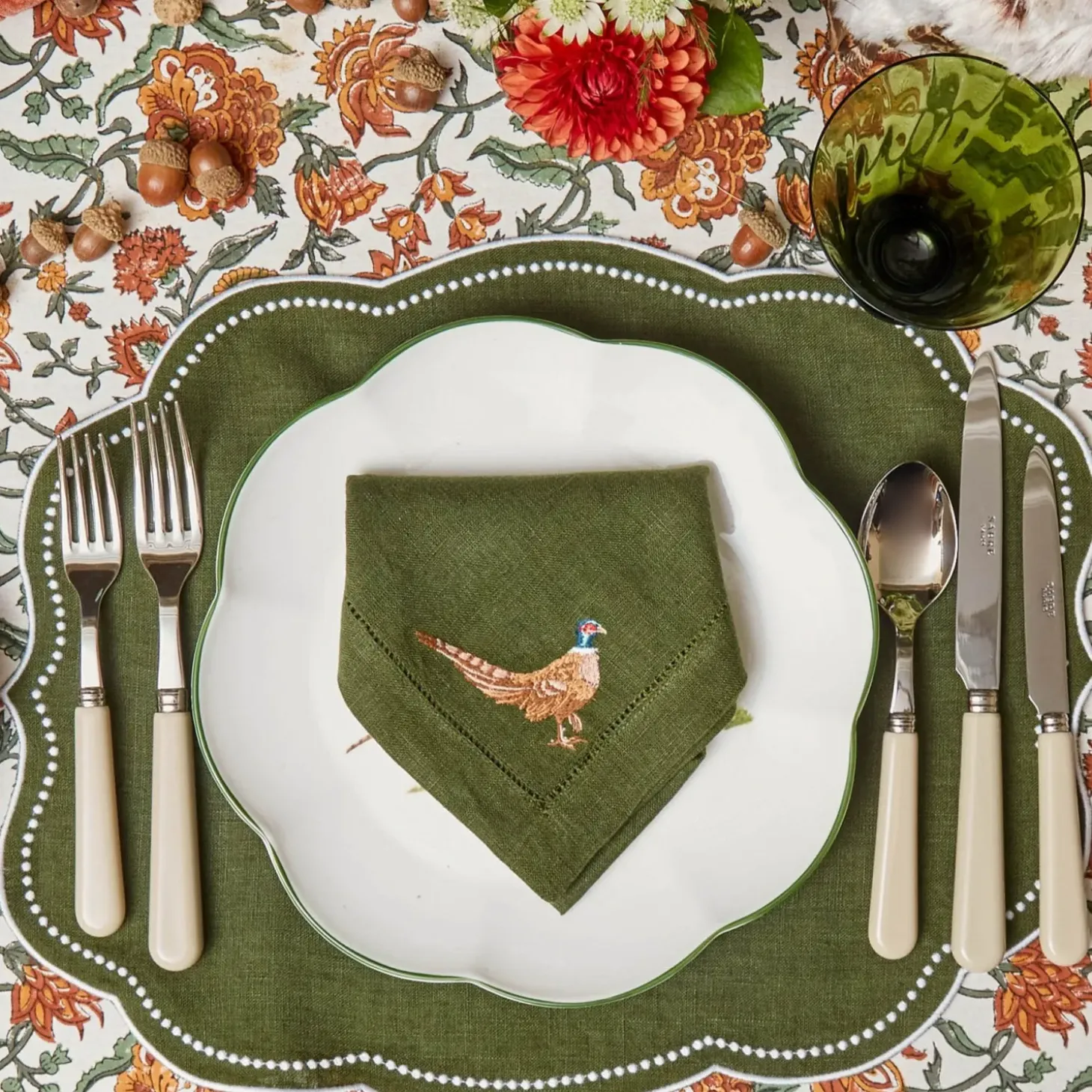 Green Embroidered Pheasant Linen Napkins (Set of 4)