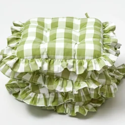 Green Gingham Ruffle Seat Pad Cushions (Set of 4)