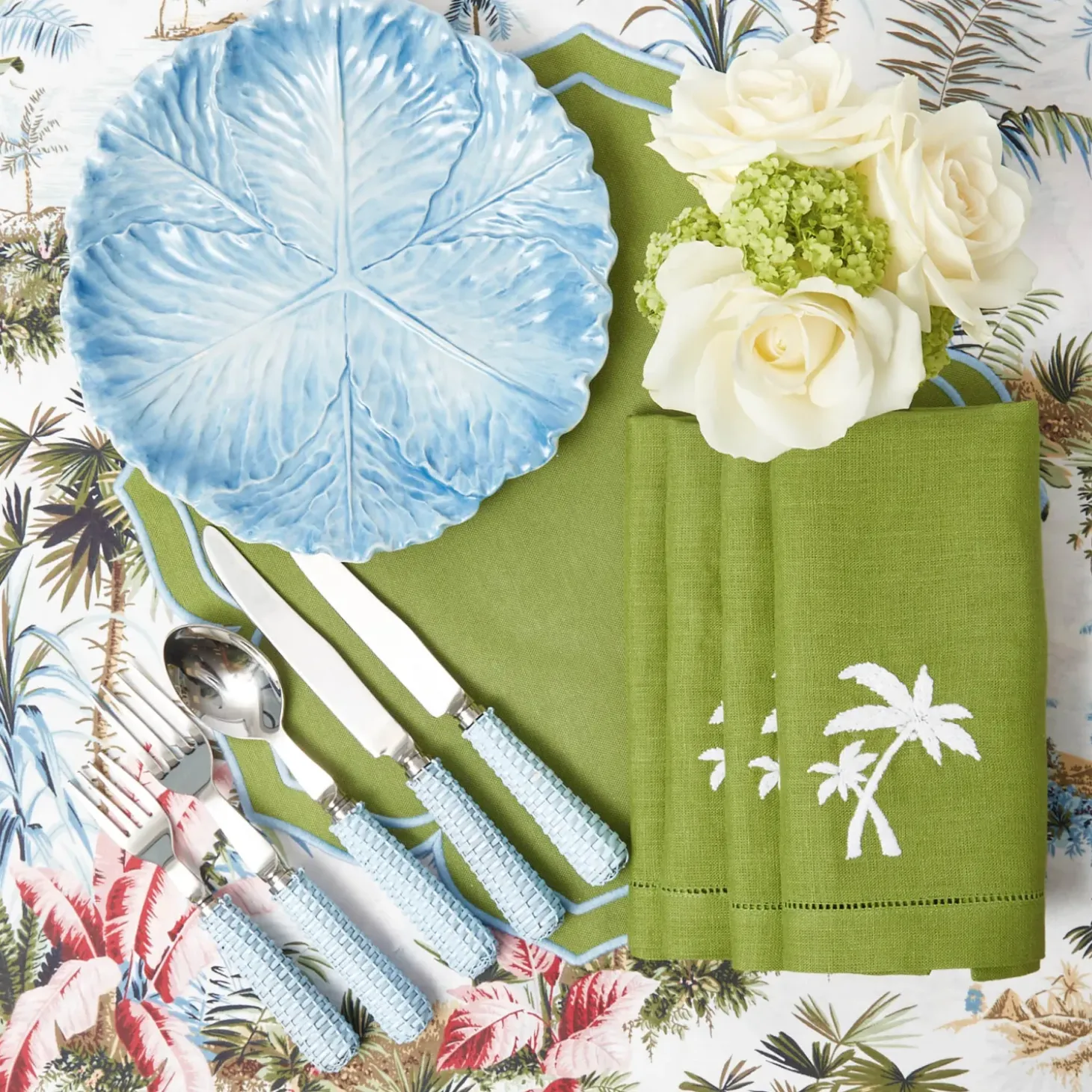 Green Linen Palm Tree Napkins (Set of 4)