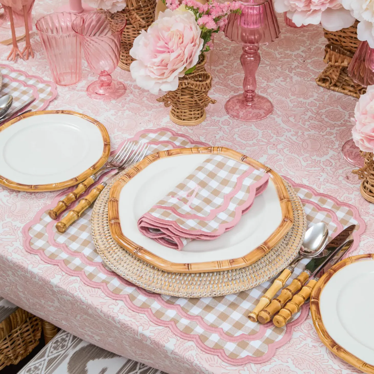 Isla Putty & Pink Gingham Placemats & Napkins (Set of 4)