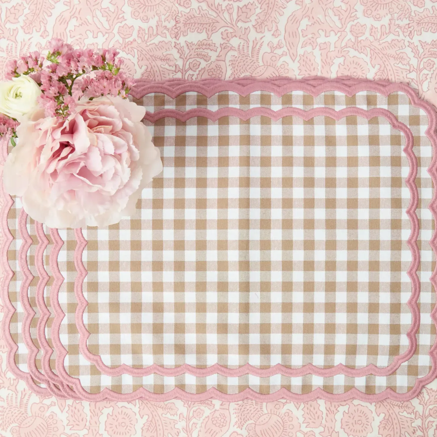 Isla Putty & Pink Gingham Placemats & Napkins (Set of 4)