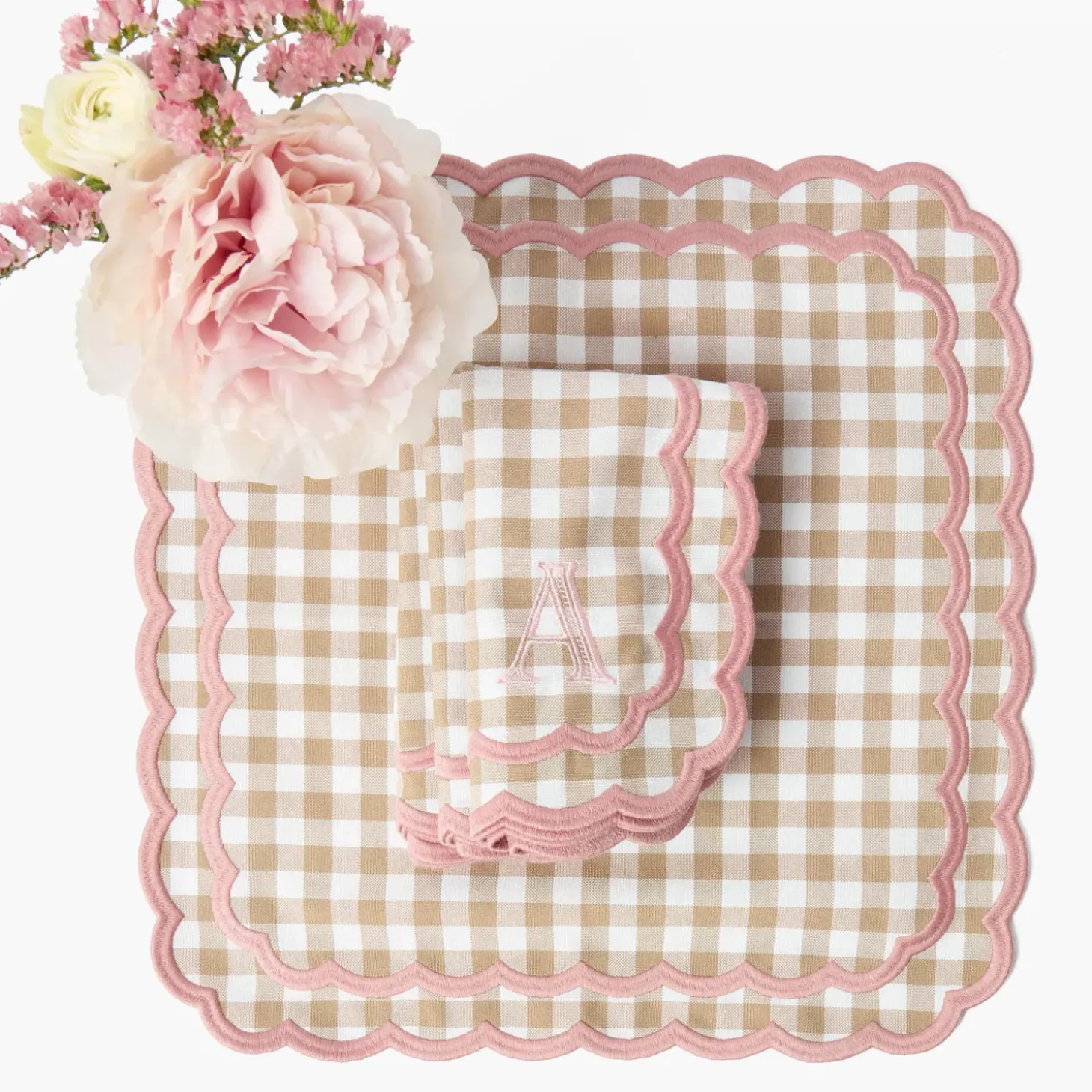 Isla Putty & Pink Gingham Placemats & Napkins (Set of 4)