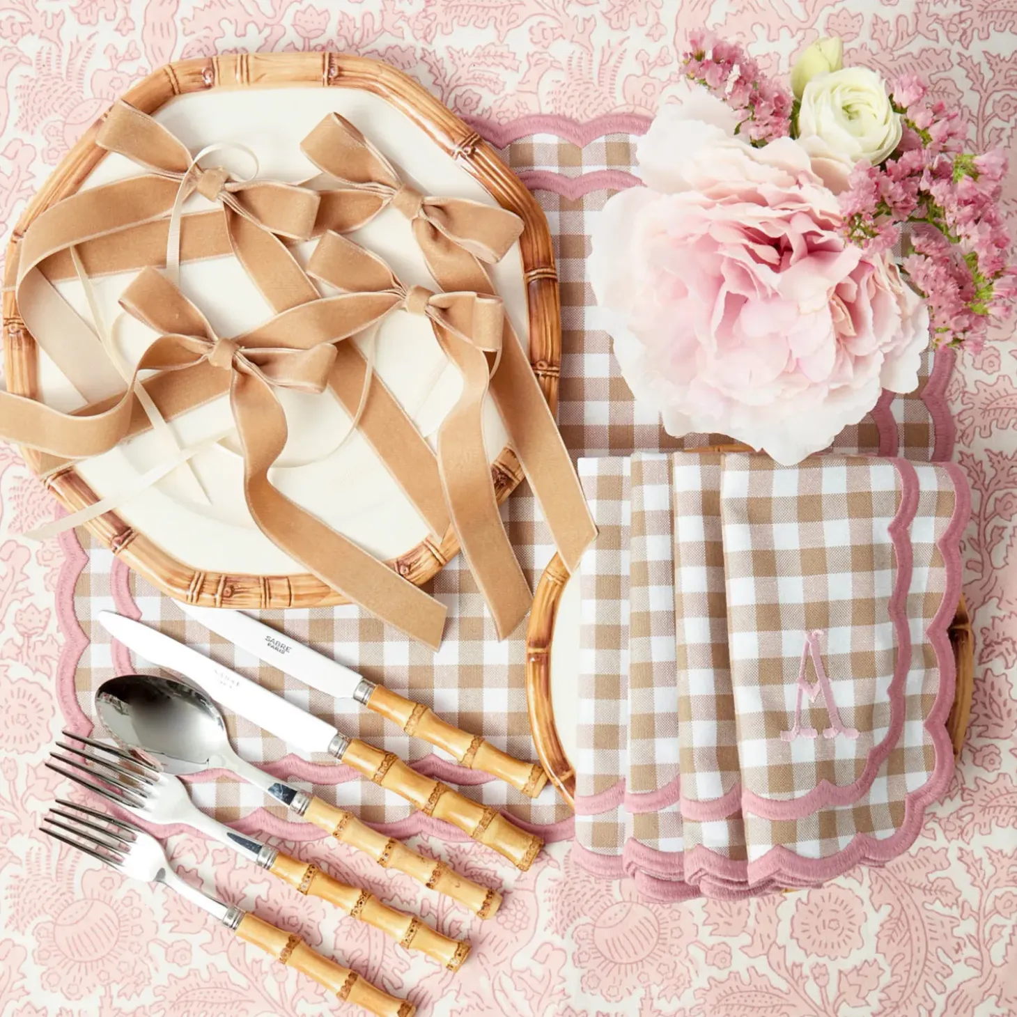 Isla Putty & Pink Gingham Placemats & Napkins (Set of 4)