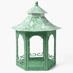 Large Green Rattan Chinoiserie Pagoda Lantern