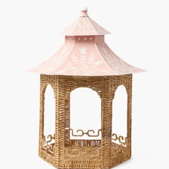 Large Natural Rattan & Pink Chinoiserie Pagoda Lantern