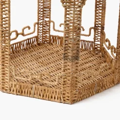Large Natural Rattan & Pink Chinoiserie Pagoda Lantern