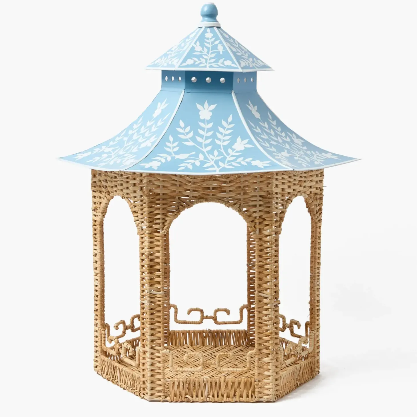 Large Natural Rattan & Blue Chinoiserie Pagoda Lantern