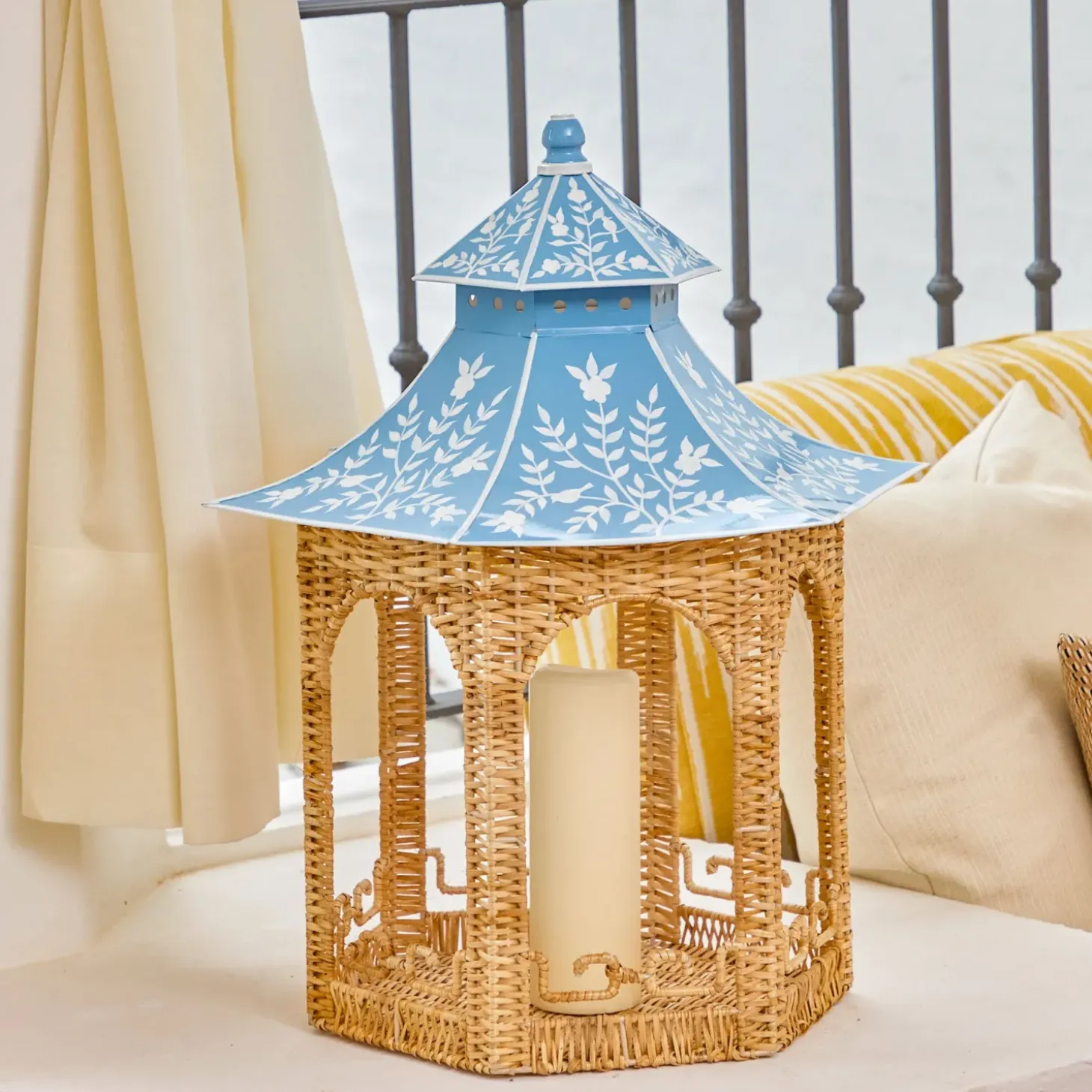Large Natural Rattan & Blue Chinoiserie Pagoda Lantern