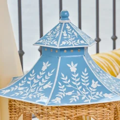 Large Natural Rattan & Blue Chinoiserie Pagoda Lantern
