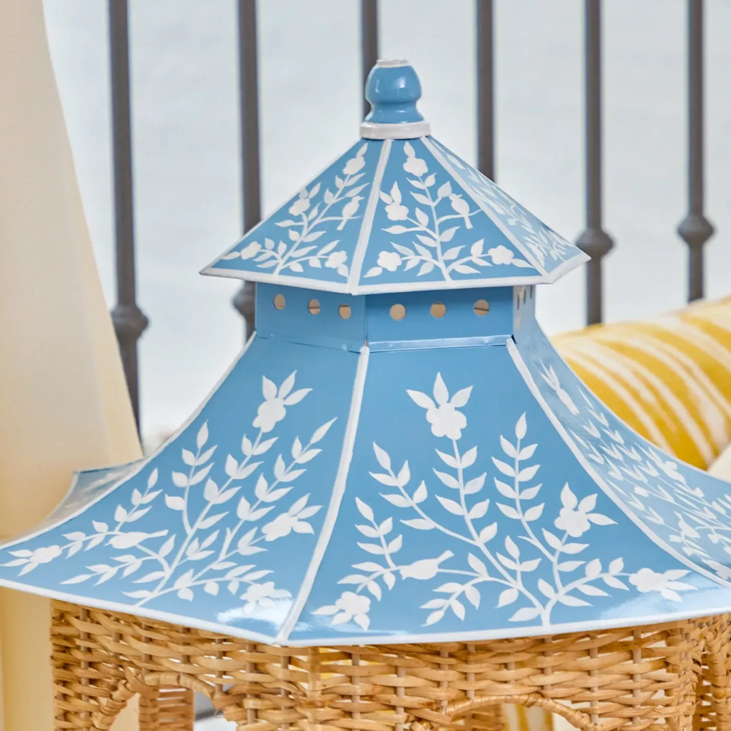 Large Natural Rattan & Blue Chinoiserie Pagoda Lantern