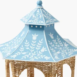 Large Natural Rattan & Blue Chinoiserie Pagoda Lantern
