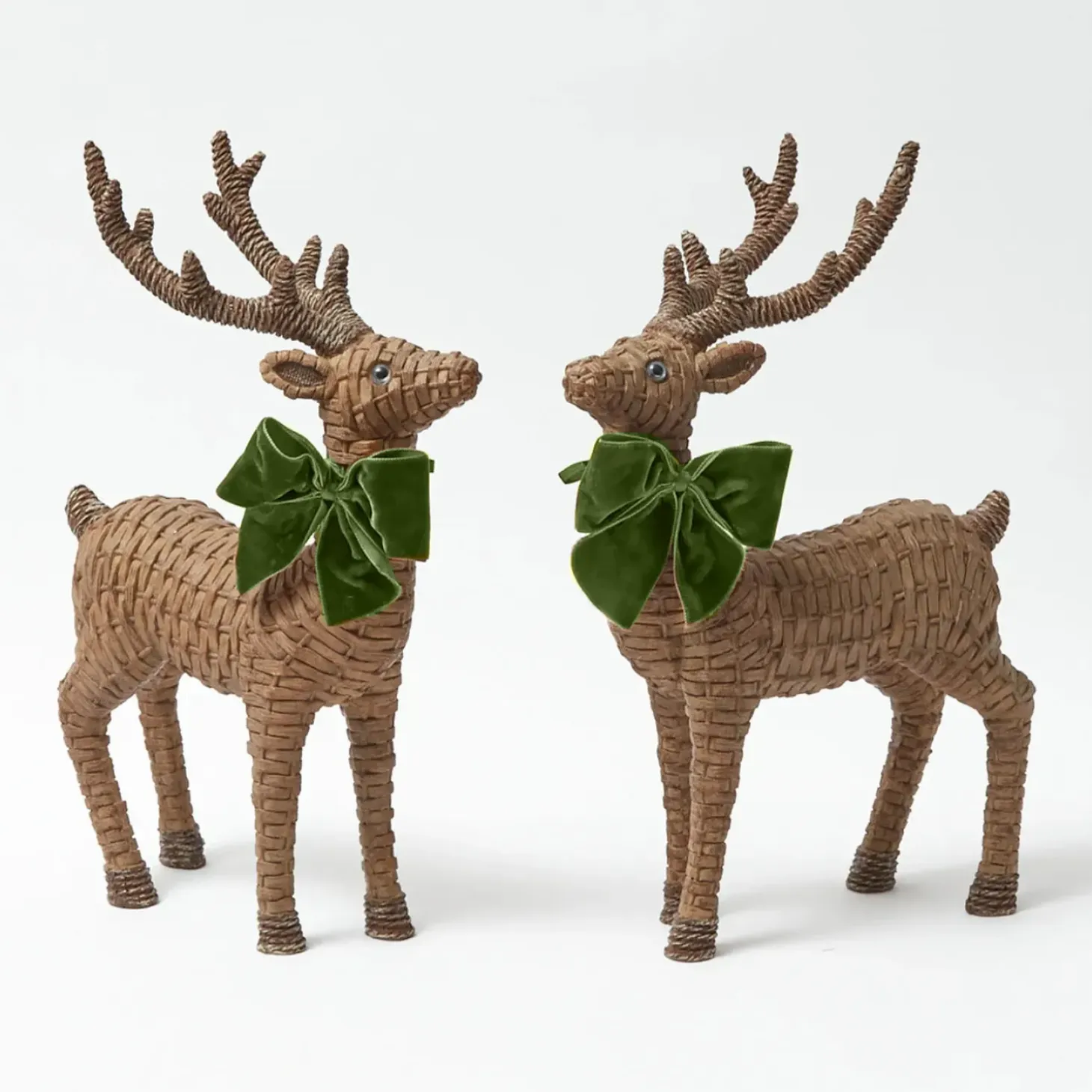Large Rattan Reindeer with Green Velvet Bows (Pair) - 40cm